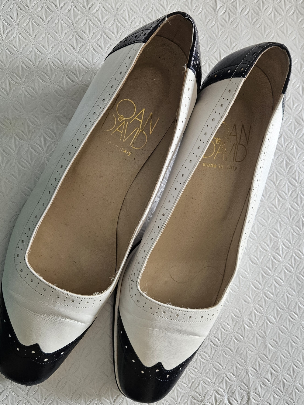 Vintage Joan & David White and Black Leather Two-Tone Heels